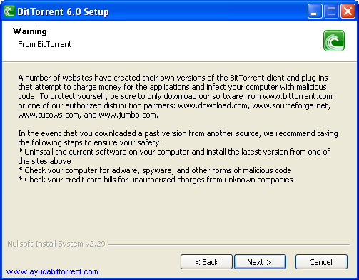 Instalacion BitTorrent oficial aviso
